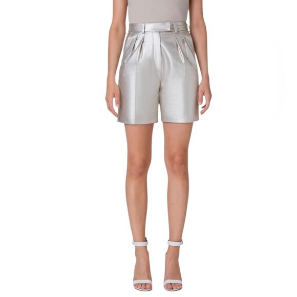 NWOT Akris Fidia Pleat Front Pearlized Leather Bermuda Shorts - Sz 12 - Picture 3 of 12